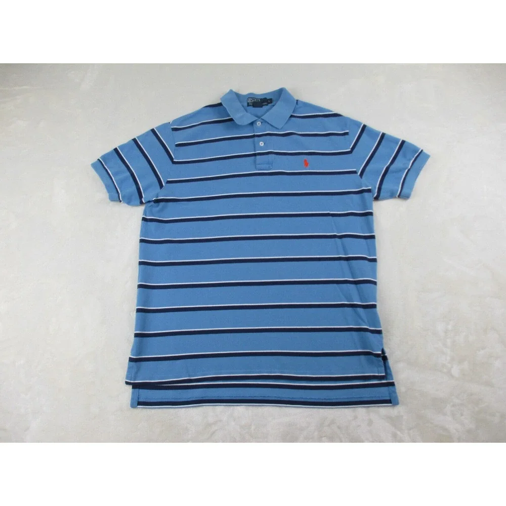 Ralph Lauren Polo Shirt Mens Large Blue‎ Orange Pony Striped Cotton Casual*